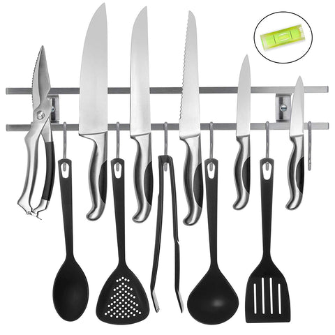 18 Inch Stainless Steel Knife & Utensil Holder With 7 Hooks - Wall Mounted Magnetic knife Strip - Includes Assembly instructions, Hardware & A Mini Level for Easy installation - By Wellington Wares