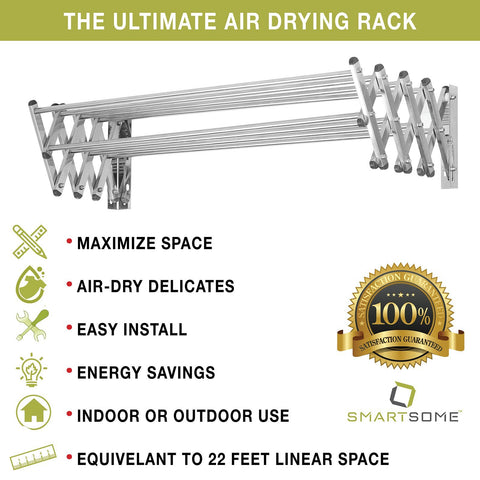 Stainless Steel Wall Mount Laundry Drying Rack: Retractable Fold Away Clothes Dry Racks, Easy to Install Design - 22.5 Linear Ft, 60 lb Capacity, Extended Size: 34” X 24” X 8.5”