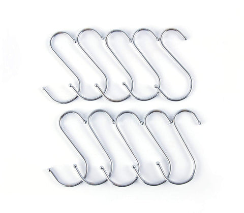 Prudance Larger Round S Shaped Stainless Steel Hanging Hooks Set with 10 Hooks - Ideal for Pots, Pans, Spoons & Other Kitchen Essentials - Perfect for Clothing