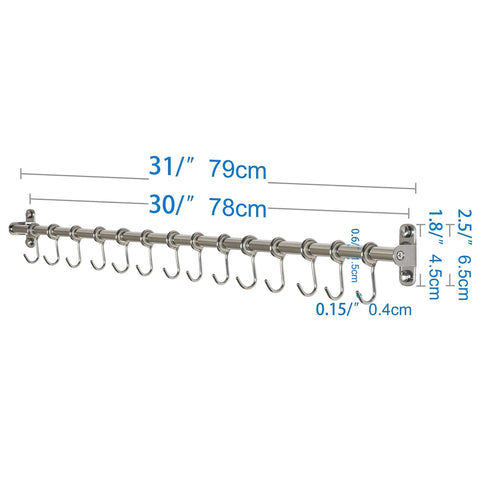 WEBI Kitchen Sliding Hooks, Solid Stainless Steel Hanging Rack Rail with 14 Utensil Removable S Hooks for Towel, Pot Pan, Spoon, Loofah, Bathrobe, Wall Mounted,2 Packs