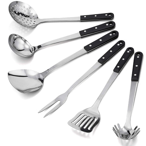 Stainless Steel Kitchen Utensils,P&P CHEF 6-Piece Kitchen Cooking Utensil Set for Cooking and Serving - Strainer Spoon, Work Spatula, Slotted Turner, Pasta Server, Ladle, Meat Fork