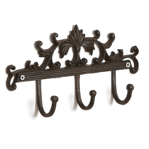 MyGift 10 inch Cast Iron Vintage Fleur De Lis Black Wall Mounted 3 Coat Hooks Garment Hanger Rack