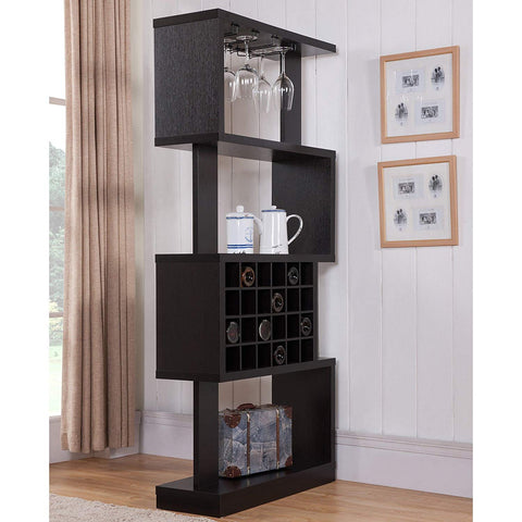 Darlene Tall Cappuccino 4-tier Geometric Wine Stand/ Room Divider w/ Hanging Stemware Racks on Top Shelf