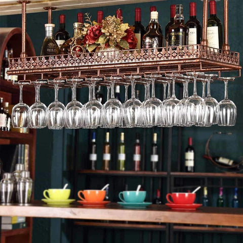 Warm Van Industrial Vintage Metal Bar Wine Glass Hanging Rack,Retro Upside Down Stemware Goblet Wine Glass Holder,Tableware Bottle Floating Shelf for Home Kitchen (Bronze, 47.2''L)