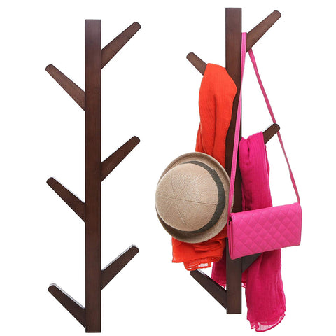 MyGift 6-Hook Wall Mounted Natural Bamboo Wood Tree Branch Design Coat Rack Hanging Organizer, Set of 2, Brown