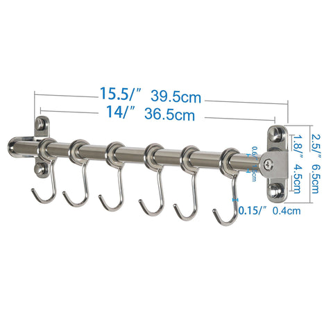 WEBI Kitchen Sliding Hooks, Solid Stainless Steel Hanging Rack Rail with 6 Utensil Removable S Hooks for Towel, Pot Pan, Spoon, Loofah, Bathrobe, Wall Mounted,2 Packs
