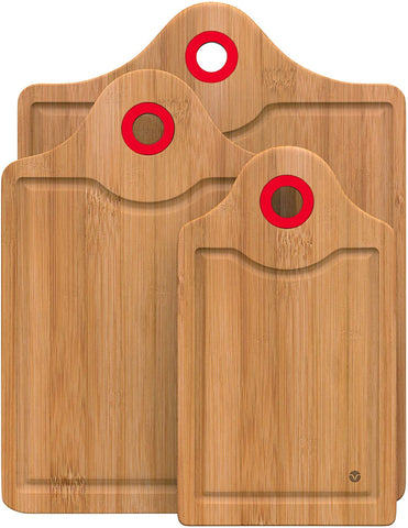 Vremi 3-Piece Bamboo Cutting Board Set - Small and Large Organic Wood Cutting Boards for Meat - Heavy Duty Wooden Board Tools with Silicone Storage Handle for Commercial and Kitchen Sink Use - Red