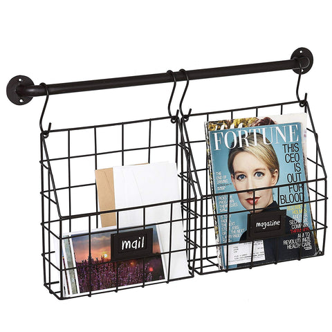 Set of 2 Metal Wire Hanging Magazine & File Organizer Rack w/Wall Mounted Hanger Bar & 4 S-Hooks, Brown