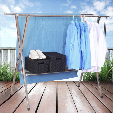 Reliancer Heavy duty Large Stainless Steel Clothes Drying Rack Foldable Space Saving Retractable Rack Hanger From 55.2 to 78.8 inches w/Shoe Rack