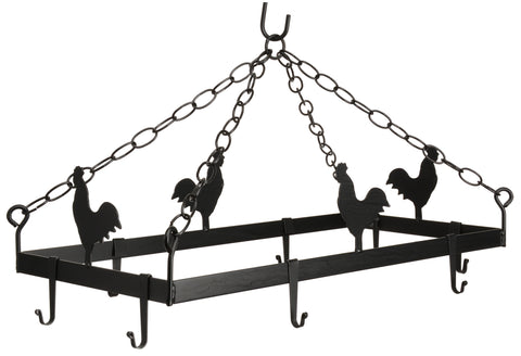 COUNTRY ROOSTER POT & PAN RACK ~ Hanging Wrought Iron with 8 Scroll Hooks USA